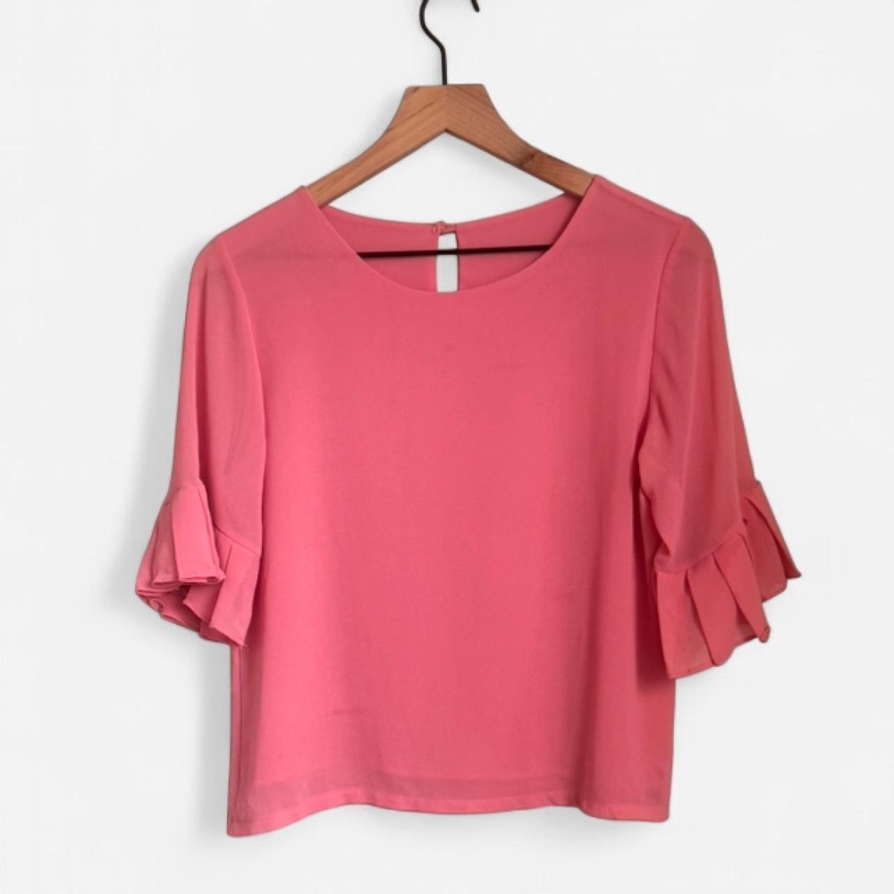 Pastel Pink 3/4 Sleeve Top Pleated Ruffle Cuffs Coquette
